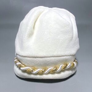 St Johns Bay Womens White Fleece Beanie Hat Gold Rope Trim RN93677